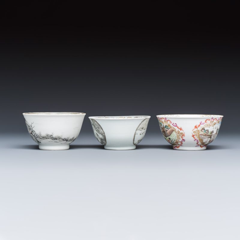 Three sets of Chinese export famille rose and grisaille 'European Subject' tea bowls and saucers - 图5