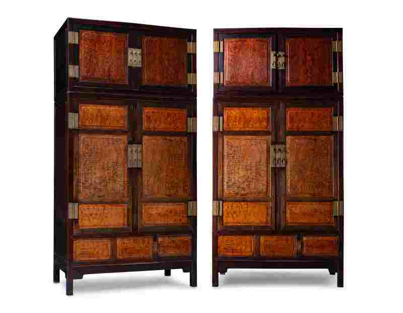 A pair of large hongmu and burl wood compound cabinets and hat chests - 图1