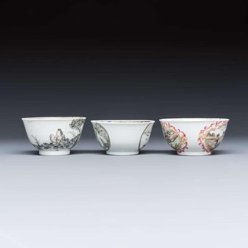 Three sets of Chinese export famille rose and grisaille 'European Subject' tea bowls and saucers - 图7