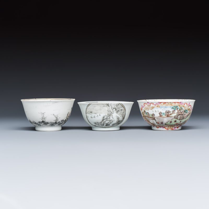 Three sets of Chinese export famille rose and grisaille 'European Subject' tea bowls and saucers - 图6