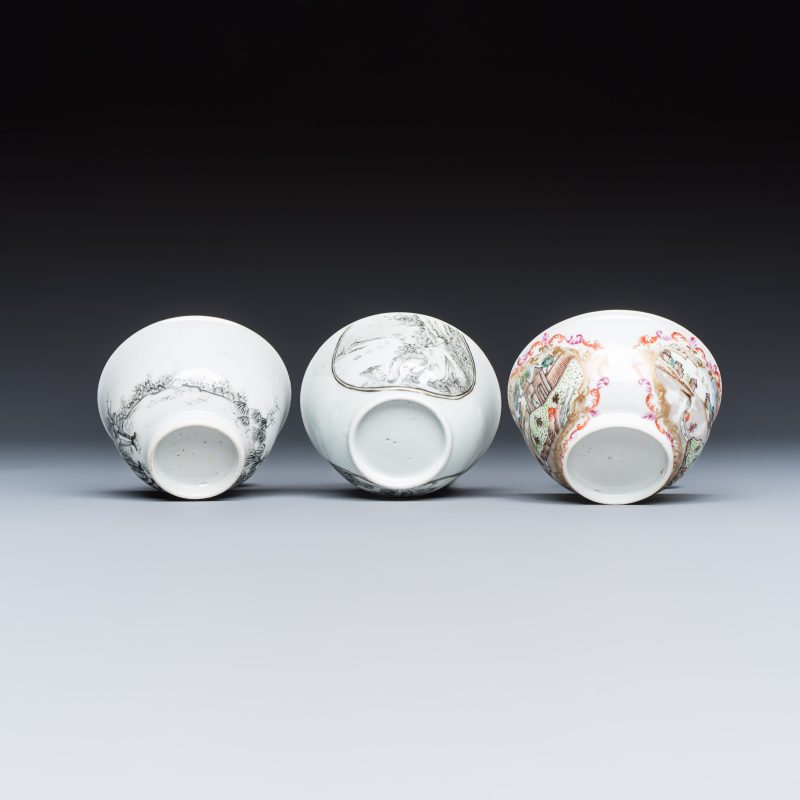 Three sets of Chinese export famille rose and grisaille 'European Subject' tea bowls and saucers - 图9