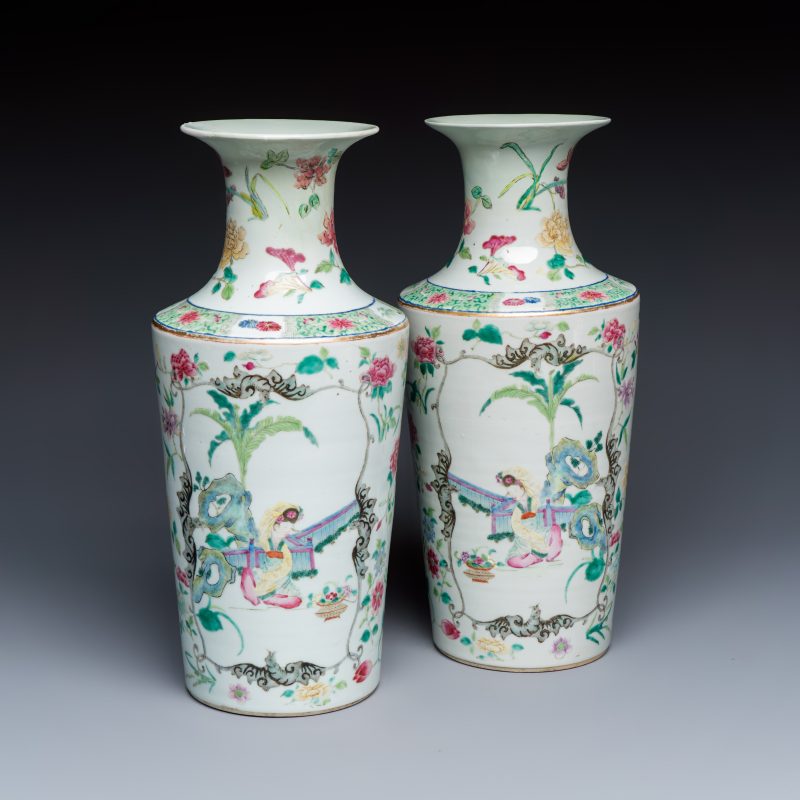 A pair of Chinese famille rose 'Court Lady in a Garden Setting' vases