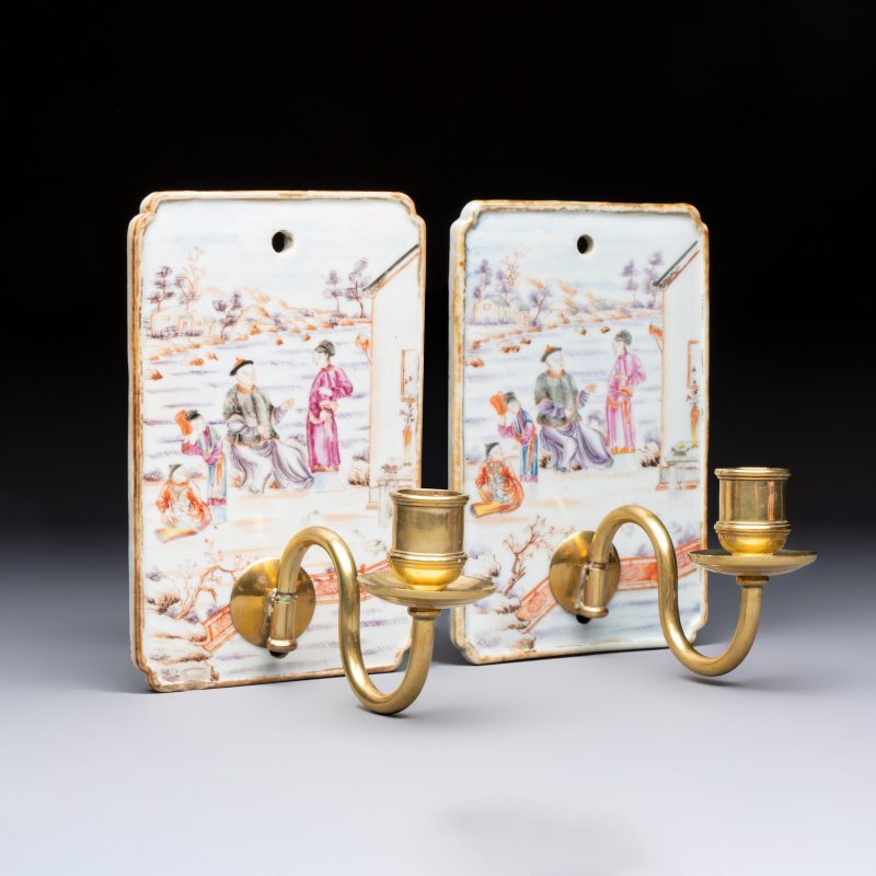 A pair of Chinese Canton famille rose 'Mandarin Subject' wall sconces