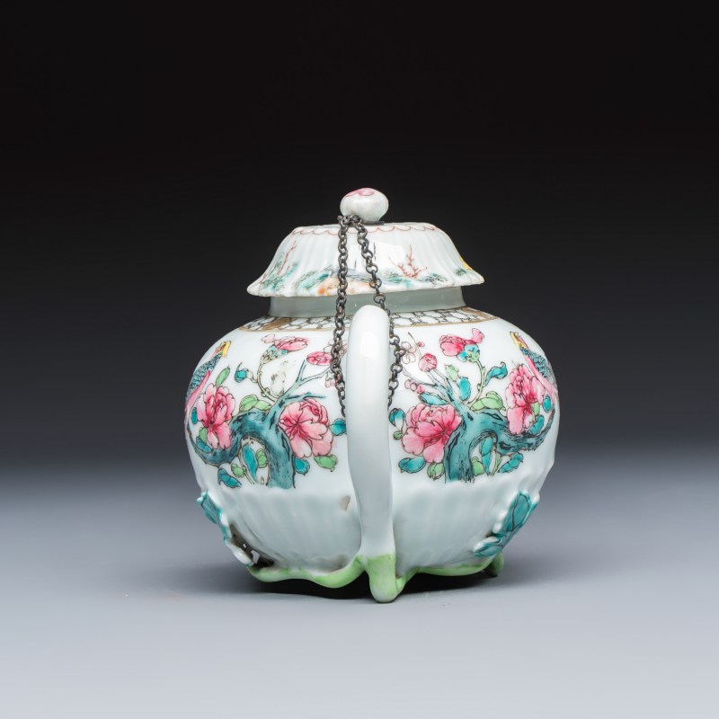 A Chinese famille rose 'Pheasant among Flowering Branches' teapot and cover with relief design - 图2
