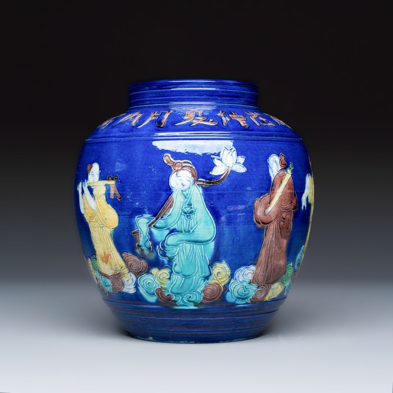 An inscribed Chinese polychrome-glazed blue-ground 'Eight Immortals' vase - 图5