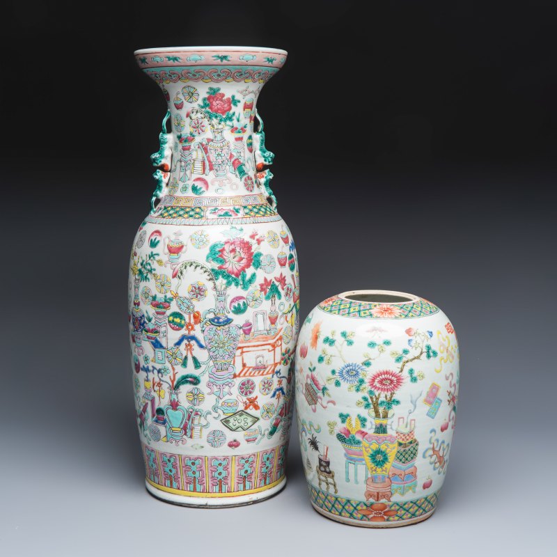 A Chinese famille rose 'Antiquities' vase and a jar