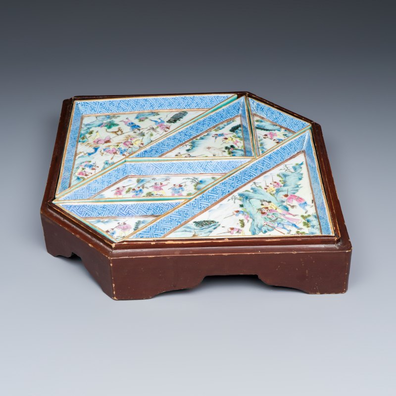A Chinese famille rose 'Foreigners Hunting' six-piece sweetmeat set on a wooden tray