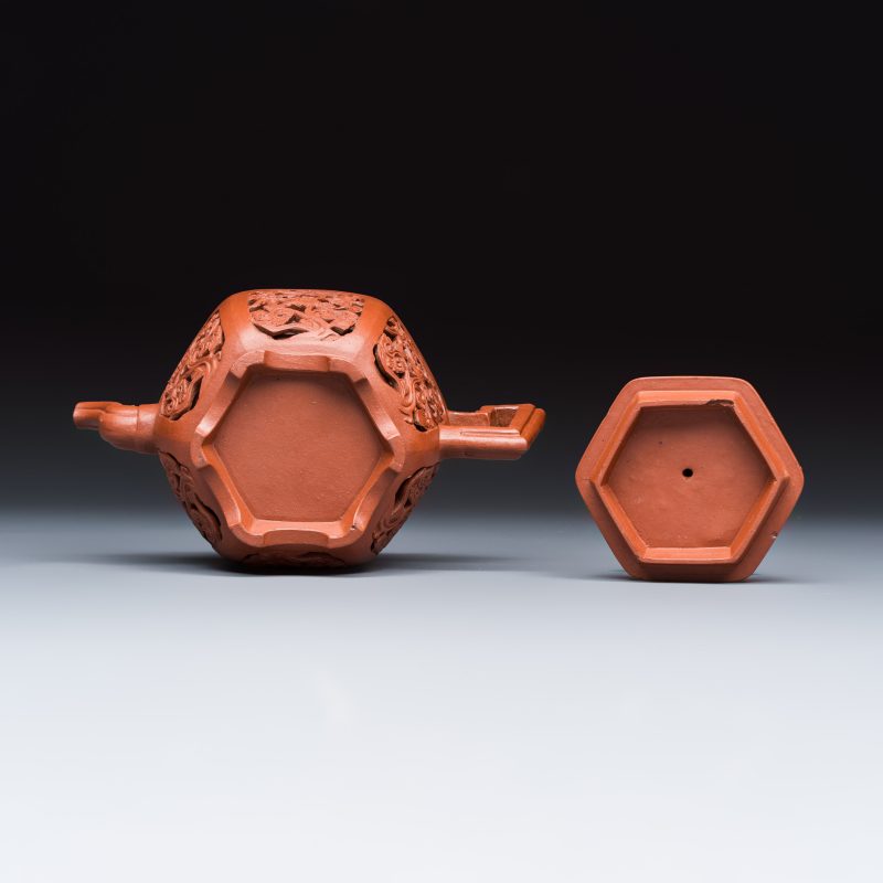 A Chinese Yixing stoneware openworked double-walled teapot and cover with floral design - 图7