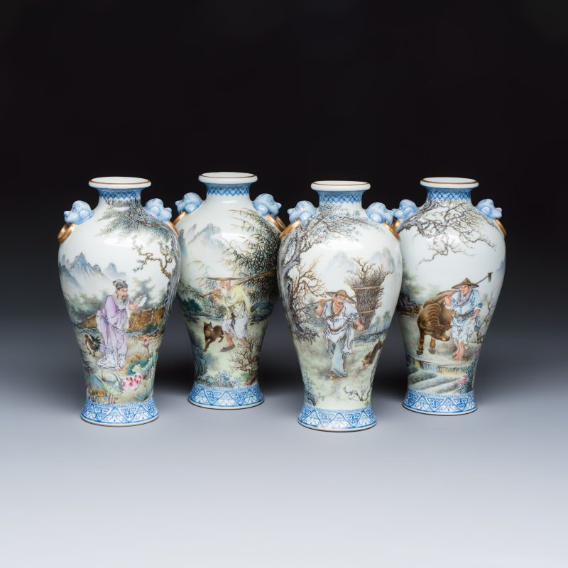 漁樵耕讀 | A set of four Chinese famille rose 'Yu Qiao Geng Du 漁樵耕讀' vases