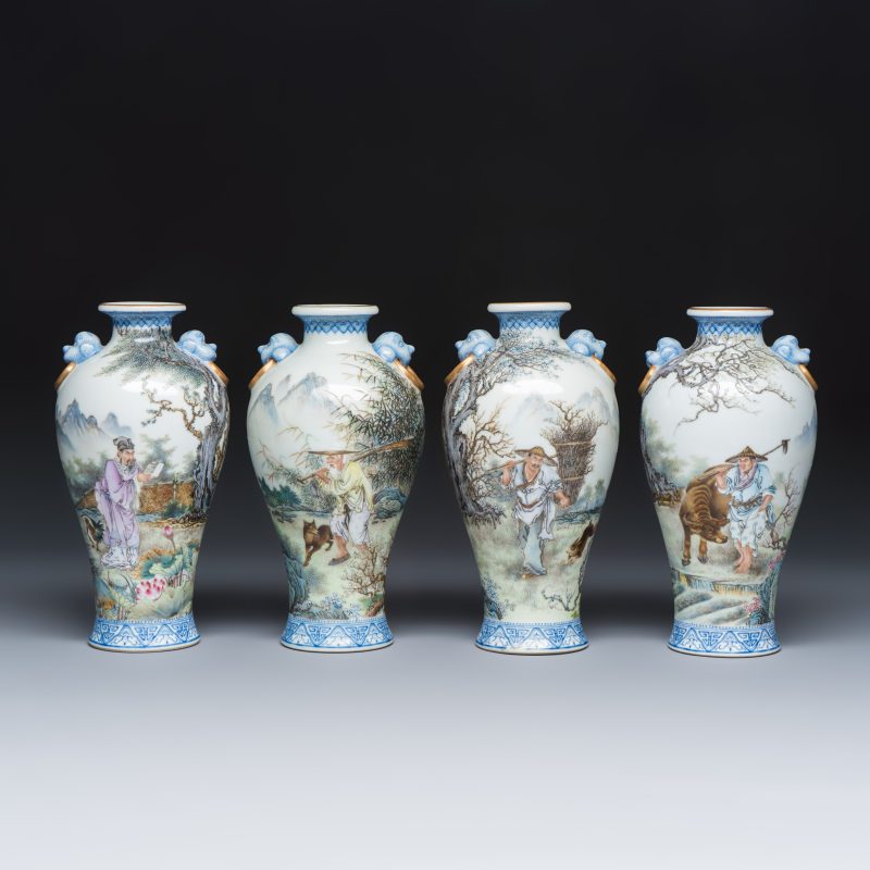 漁樵耕讀 | A set of four Chinese famille rose 'Yu Qiao Geng Du 漁樵耕讀' vases - 图2
