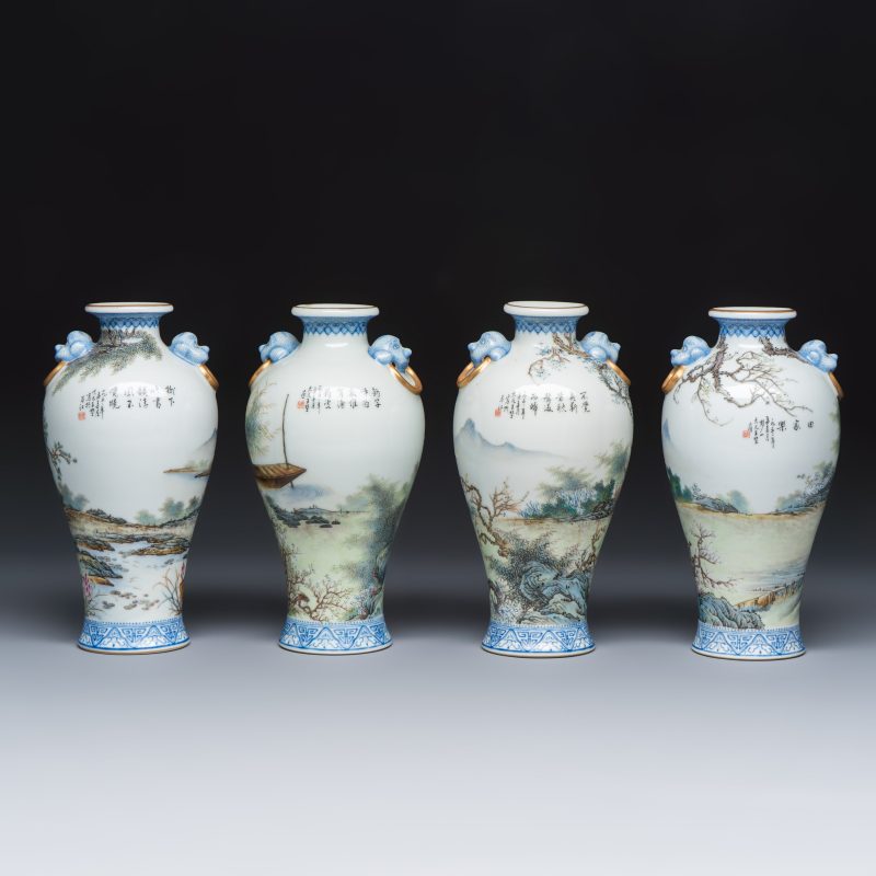 漁樵耕讀 | A set of four Chinese famille rose 'Yu Qiao Geng Du 漁樵耕讀' vases - 图4