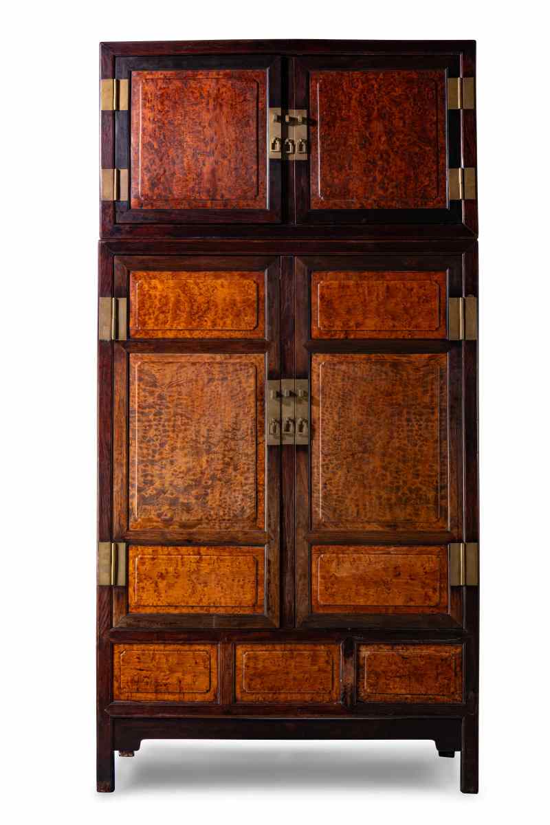 A pair of large hongmu and burl wood compound cabinets and hat chests - 图2