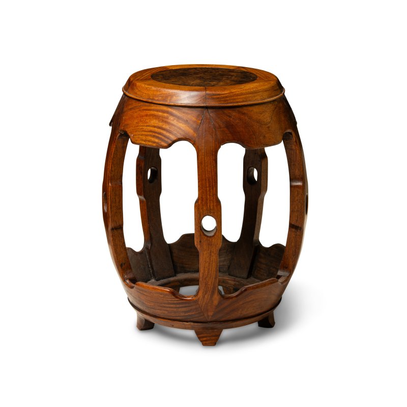 A huali and burlwood-inset barrel-form drum stool