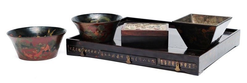 A Scholar's desk tray, three lacquerware bowls and a box with inlaid stone cover