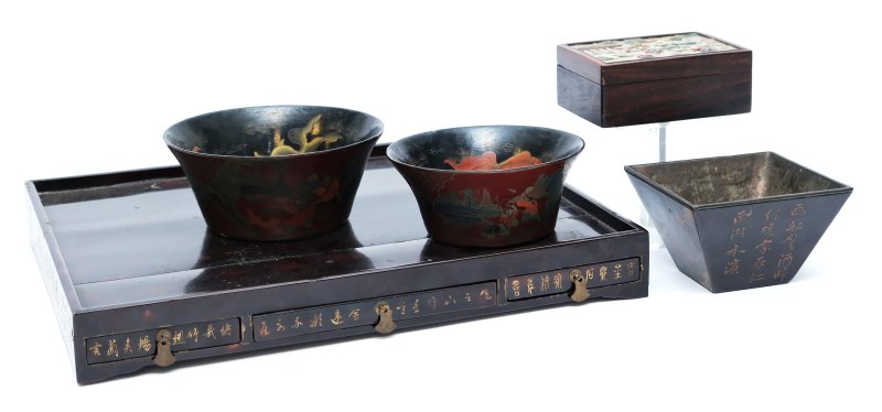 A Scholar's desk tray, three lacquerware bowls and a box with inlaid stone cover - 图2