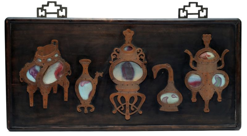 A wooden panel inset with Jun shards depicting antiquities