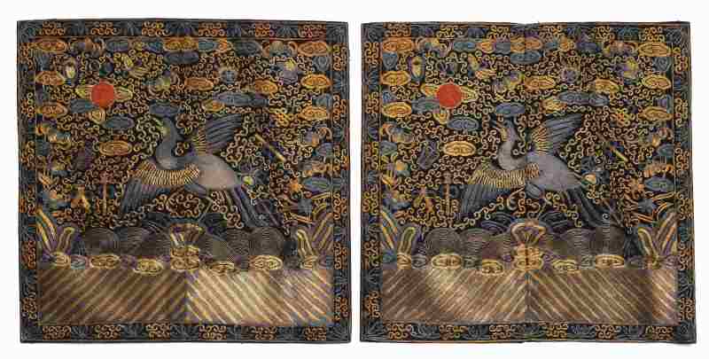 A pair of silk embroidered gold- and silver-thread ‘paradise flycatcher’ rank badges