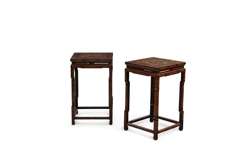A pair of hardwood and bone inlaid square table stands