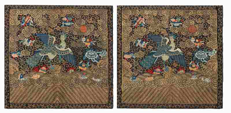 A pair of silk kesi ‘peacock’ rank badges