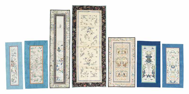 Seven silk embroidered panels