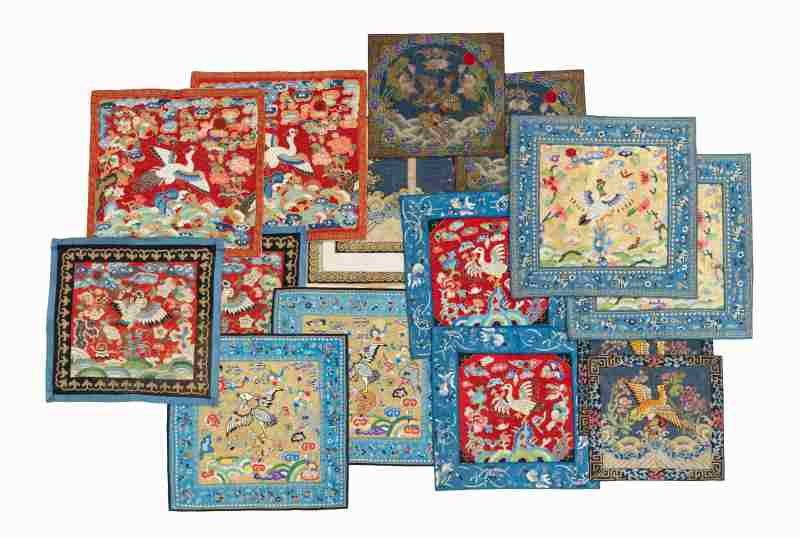 A collection of sixteen silk rank badges