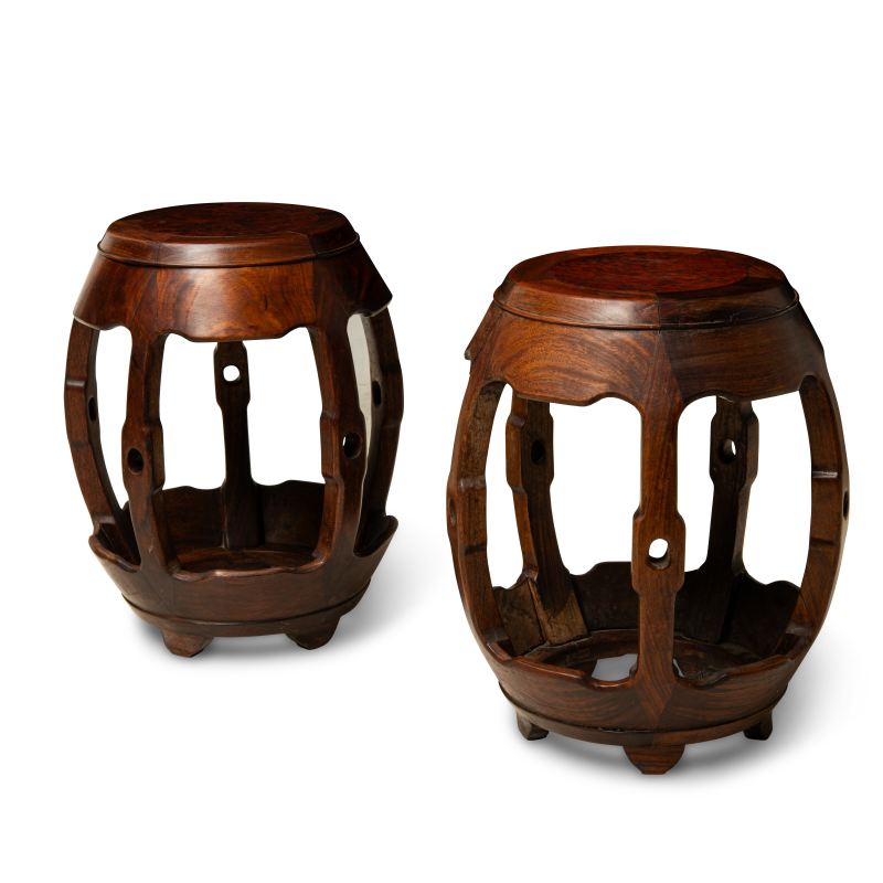 A pair of huali and burlwood-inset barrel-form drum stools