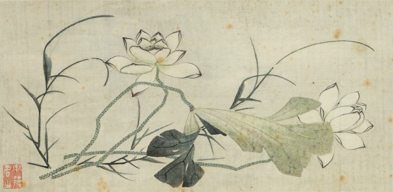 A horizontal floral painting in silk - lotus