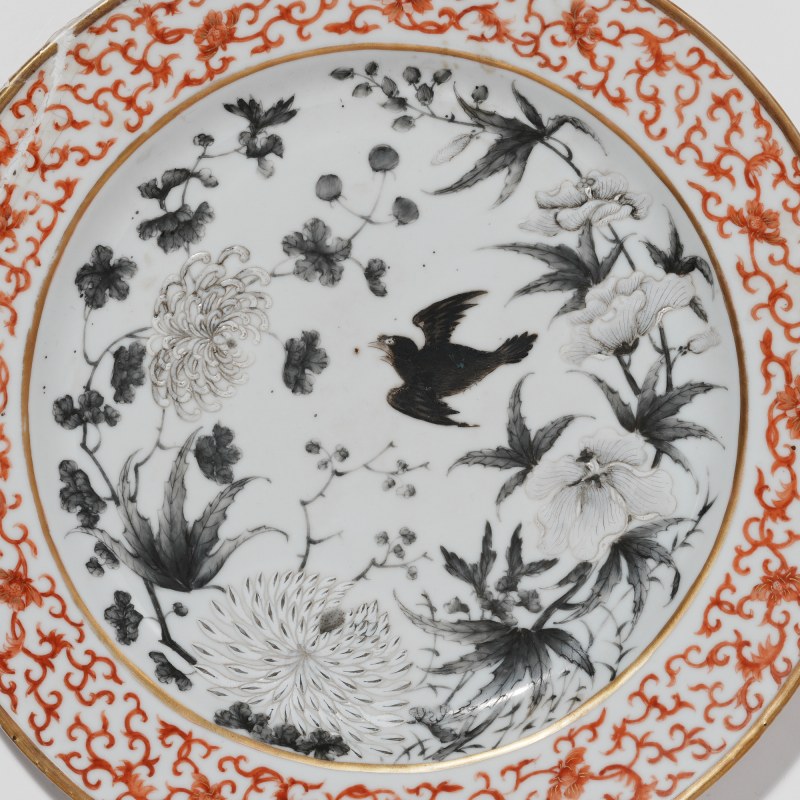 清光绪 矾红墨彩花鸟纹盘 - 图2