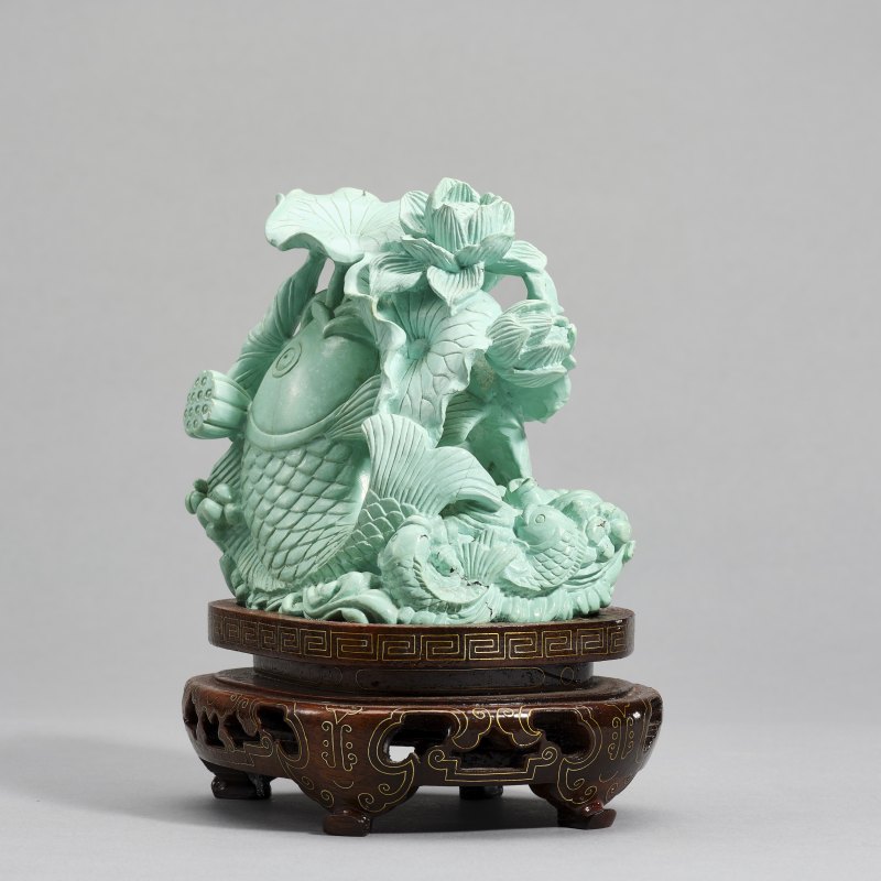 20世纪70年代 绿松石荷花鲤鱼摆件 - 图6