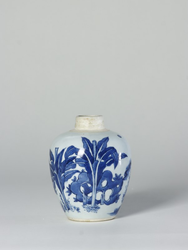 明末清初 青花麒麟芭蕉纹小罐 - 图2