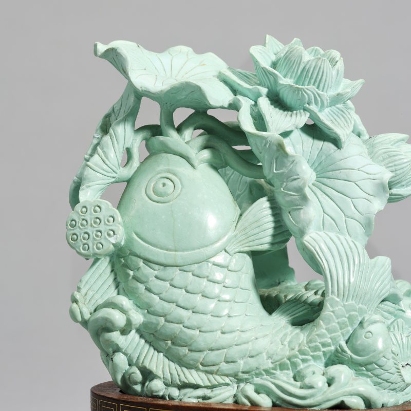 20世纪70年代 绿松石荷花鲤鱼摆件 - 图7