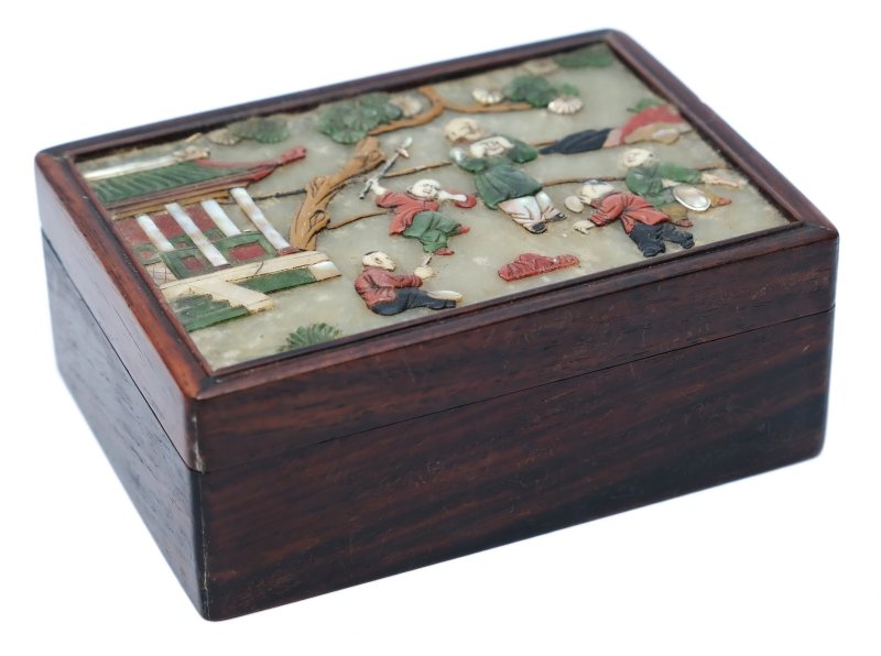 A Scholar's desk tray, three lacquerware bowls and a box with inlaid stone cover - 图21