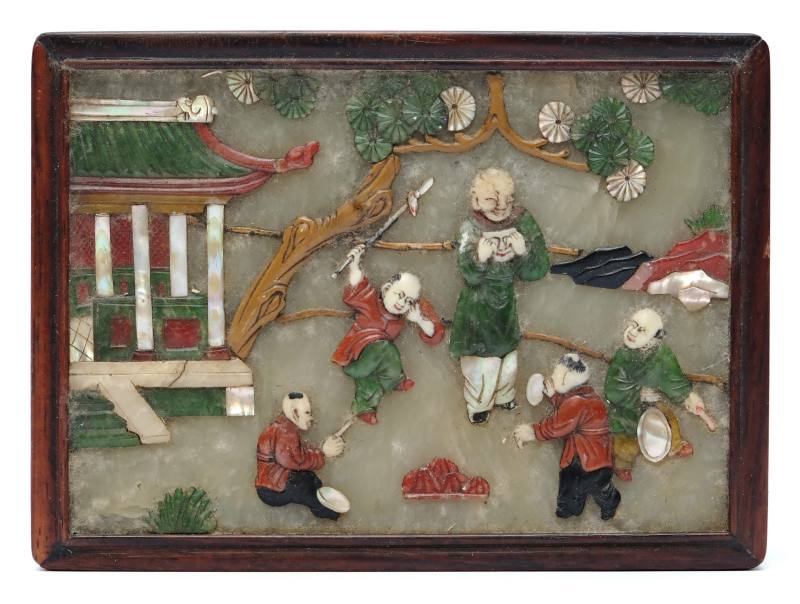 A Scholar's desk tray, three lacquerware bowls and a box with inlaid stone cover - 图22