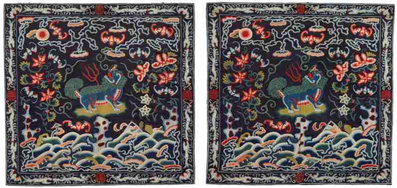 A pair of embroidered silk ‘lion’ rank badges - 图1