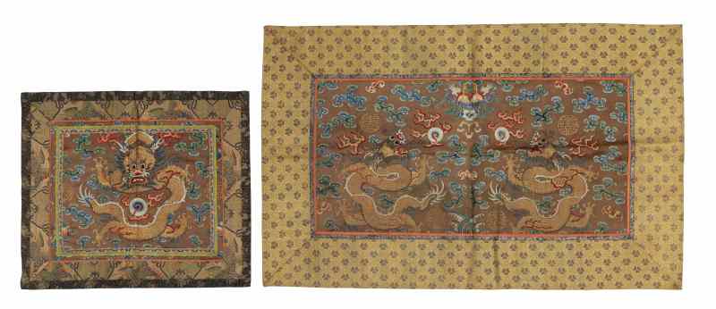 Two silk panels with gold thread-embroidered five-clawed dragons