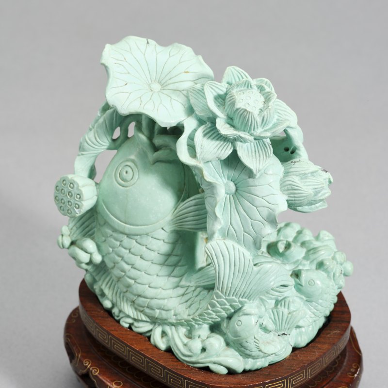 20世纪70年代 绿松石荷花鲤鱼摆件 - 图8