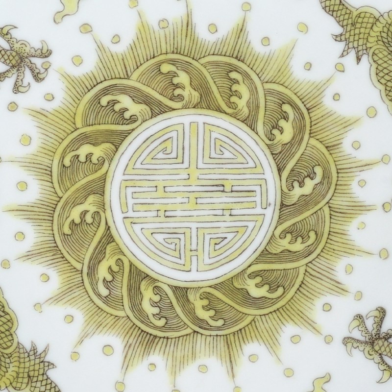清光绪 黄彩双龙捧寿纹盘 - 图4