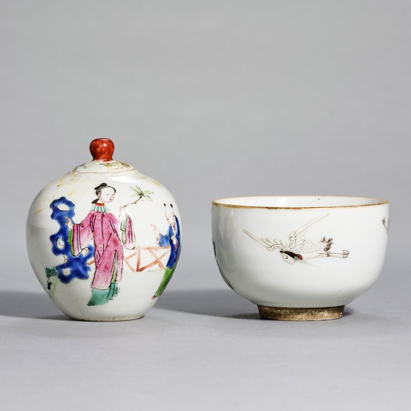 清 粉彩仙鹤杯、粉彩仕女小罐 - 图2