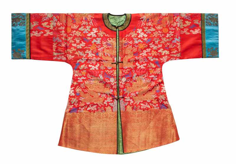 A red-ground silk brocade dragon robe, Mangao - 图1