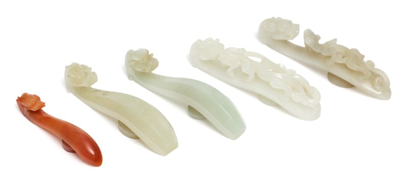 Five jade and agate belt hooks