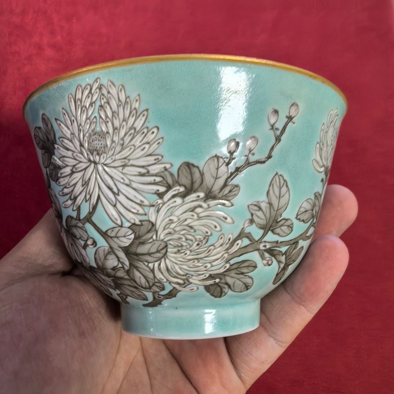 清晚期 粉彩松石绿地墨彩花卉纹杯 - 图9