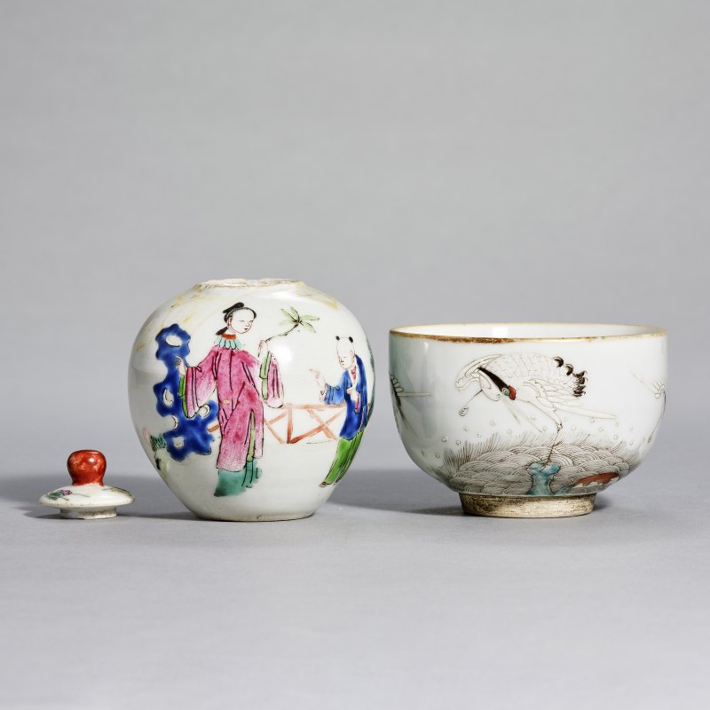 清 粉彩仙鹤杯、粉彩仕女小罐 - 图4