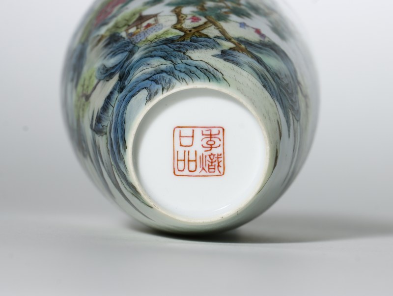 民国 粉彩山水亭台楼阁图观音瓶 - 图8