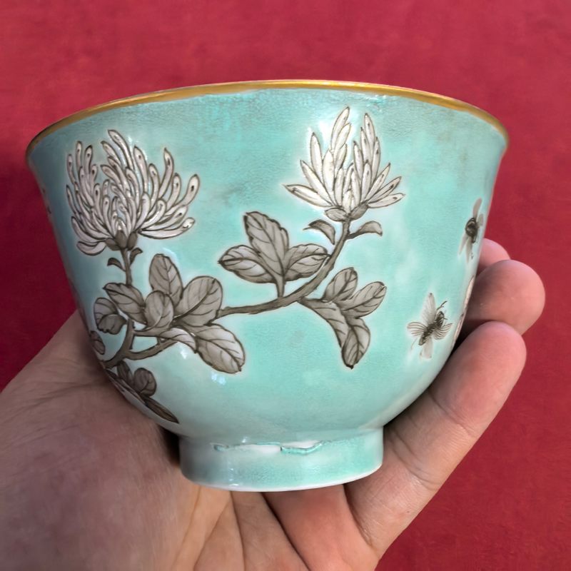 清晚期 粉彩松石绿地墨彩花卉纹杯 - 图10