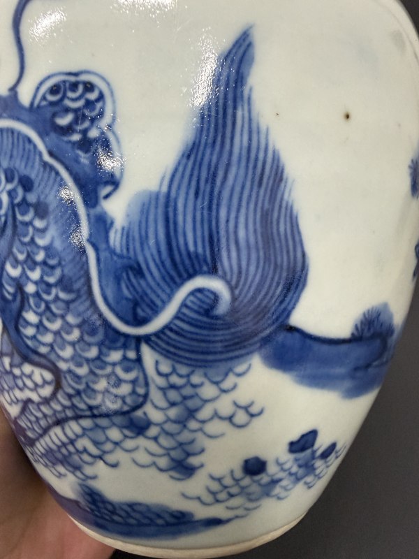 明末清初 青花麒麟芭蕉纹小罐 - 图13
