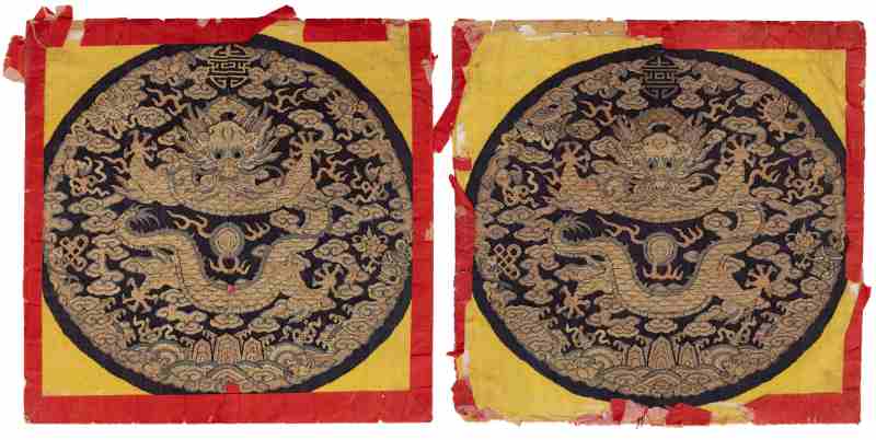 A pair of silk kesi embroidered ‘dragon’ roundels
