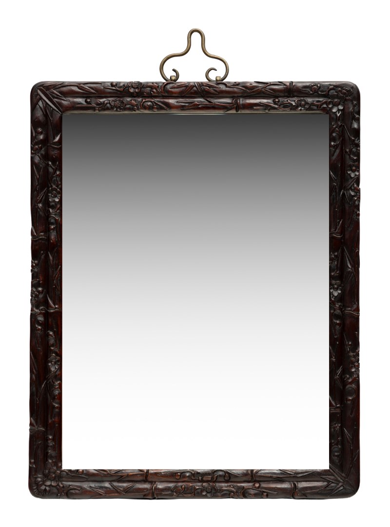 A hardwood bamboo-style carved rectangular mirror