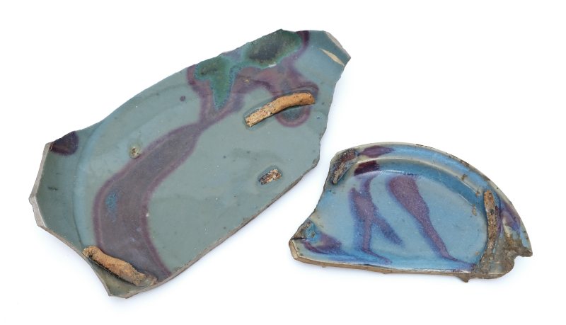 Two purple-splashed Jun dish shards