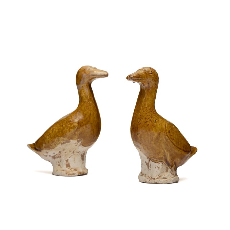 A pair of amber-glazed pottery tomb figures of ducks