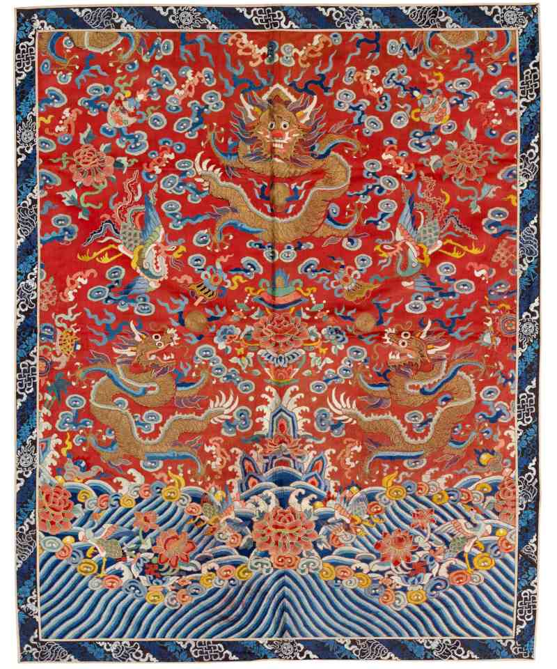 A silk red-ground embroidered dragon robe panel - 图1